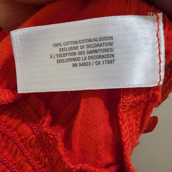 Old Navy Red Peaseant Blouse White Embroidery Short Puff Sleeve Tie Front- L - Picture 10 of 11